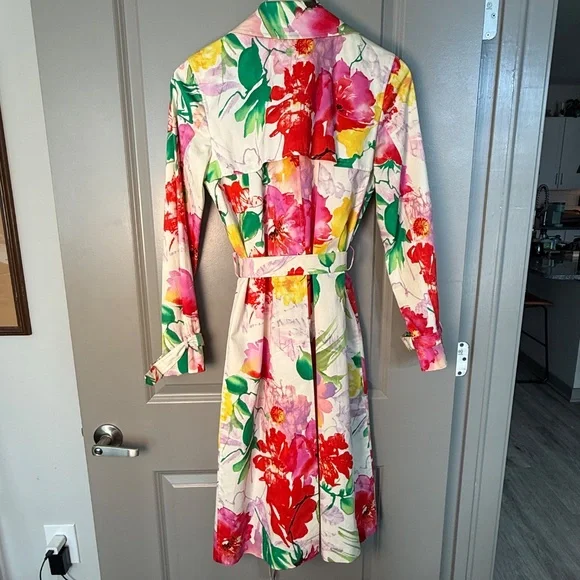 Ralph Lauren Black Label Watercolor Spring Floral Trench Coat Duster Belt Size 2 - Picture 6 of 11